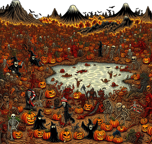 Generate a high quality cartoon background Halloween image on a black canvas similar to the format of where is waldo with a hellish lake environment.
Single Game Texture. In-Game asset. 2d. Blank background. High contrast. No shadows.