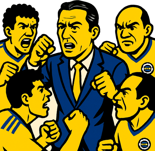 taraftarlarla kavga eden bir fenerbahce başkanı oluştur , başkan takım elbise giyiyor olsun , başkanın tipi ali koca benzesin .  taraftarlar da sarı fb forması giyen taraftar olsunlar.
In-Game asset.  2d.  High contrast.  No shadows