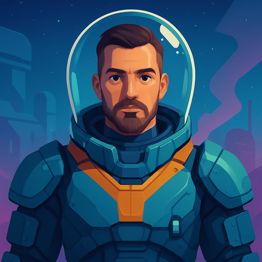 Front-facing icon, Fullscreen modern App Store art style with futuristic male colonist, 16:9, high definition.  No text captions!