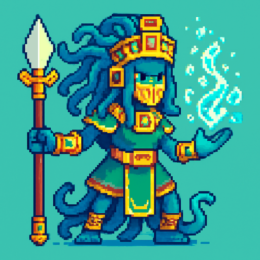 Generame un guerrero meduza cone fectos de agua, que cura como mago, estilo pixelar, ambeintado a lo azteca.
In-Game asset.  2d.  High contrast.  No shadows