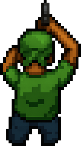 un pandillero peligroso vestido de verde usando un arma con perspectiva trasera desde arriba hecho con pixeles. No background. Transparent background. Blank background. No shadows. 2d. In-Game asset. flat