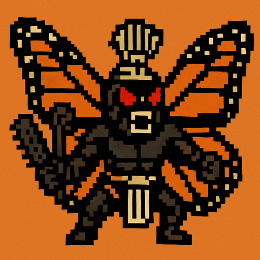 Genérame una Mariposa monarca guerrero azteca con eso patrones, estilo pixelar, con una apariencia maligna, ojos rojos, rabioso. Unidad aerea con alas. Animal.
In-Game asset.  2d.  High contrast.  No shadows
