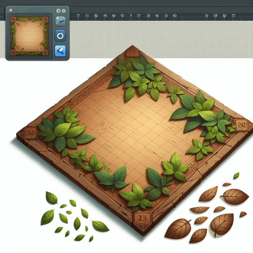 A wooden play board with leaves. Fantasy.
Single Game Texture. In-Game asset. 2d. Blank background. High contrast. No shadows.