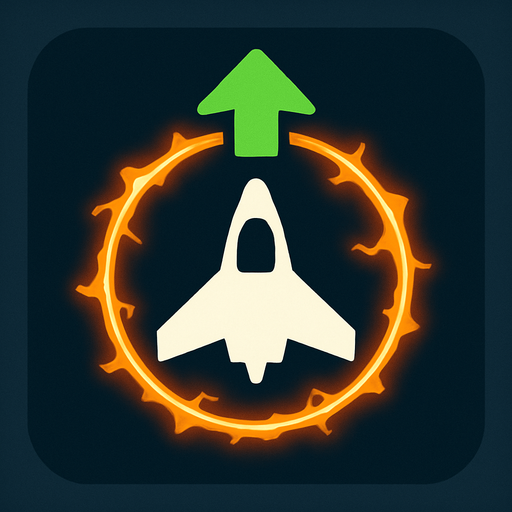 Symbol for space ship upgrade nova force field around it, with an white spaceship and orange electric circle surrounding it and an green arrow pointing up.
In-Game asset.  2d.  High contrast.  No shadows