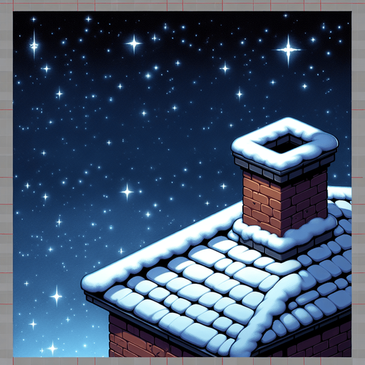 close up of a Snow covered roof, Winter scene, star lit night sky, brick chimbly on right hand side, Single Game Texture. In-Game asset. 2d. Blank background. High contrast. No shadows.