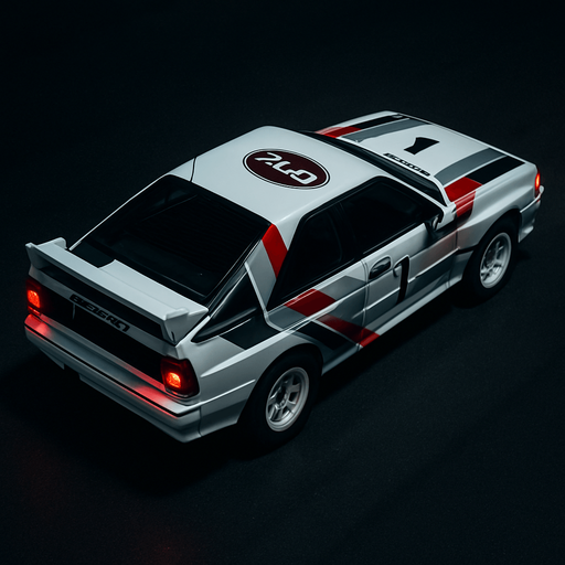 Photorealistic white audi b2 quattro RALLYCAR with red,grey,black stripes livery, drone topview from back in night. Angle should be 45 degrees in the top right corner of the screen.