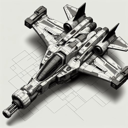 Top down view of Small personal space fighter with large gun at the front.
Single Game Texture. In-Game asset. 2d. Blank background. High contrast. No shadows.
