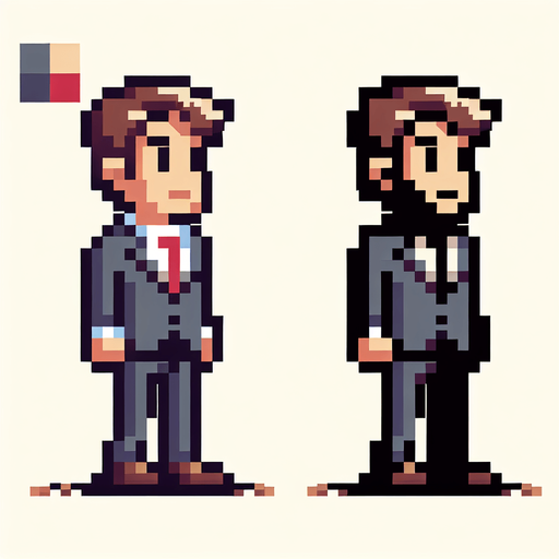 8-bit. cartoon. fancy office person. suit. seen from the side. in game assset. Single Game Texture. In-Game asset. 2d. Blank background. High contrast. No shadows.