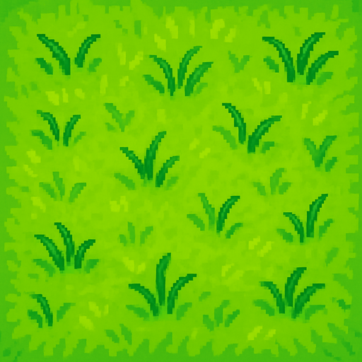 Top-down view of a single cartoon-style grass tile, seen from above, 2D game style, seamless and repeatable texture, bright colors, hand-drawn or pixel-art style, soft grass texture, 32x32 sprite..
In-Game asset.  2d.  High contrast.  No shadows