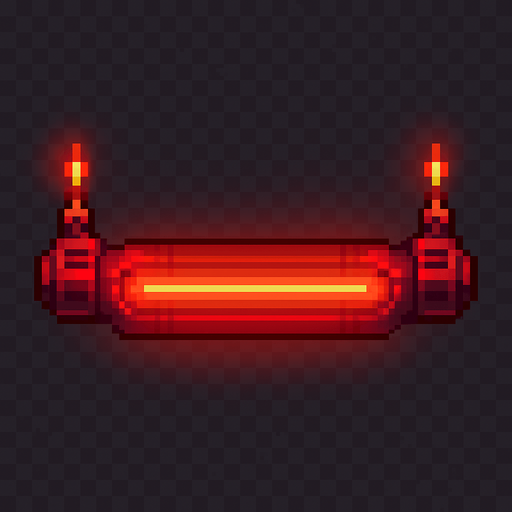 A horizontal glowing paddle for a 2D breakout-style arcade game.
Make it bright red with a futuristic laser cannon design.
The paddle should have two small laser emitters on each side pointing upward.
Style: minimal, pixel-art or arcade-style, flat background.
Top-down view, transparent background, centered.
Resolution: 512x128 px..
In-Game asset.  2d.  High contrast.  No shadows