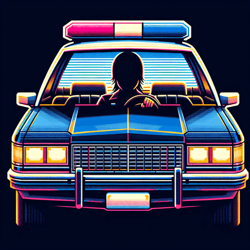 front of a police car with a silouhete of a driver.
video game style