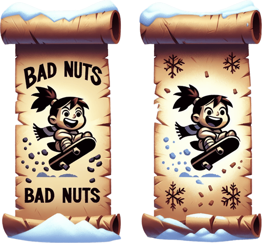 a pergament letter with the name "Bad Nuts". It has a evil looking little girl brat with a ponytail on a sledge on it. vertical. Single Game Texture. In-Game asset. 2d. Blank background. High contrast. No shadows.