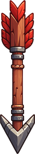 a wooden arrow with red feathers and a metal arrow head. Completely vertical orientation. Cartoon.
Single Game Texture.  In-Game asset.  2d.  Blank background.  High contrast.  No shadows
