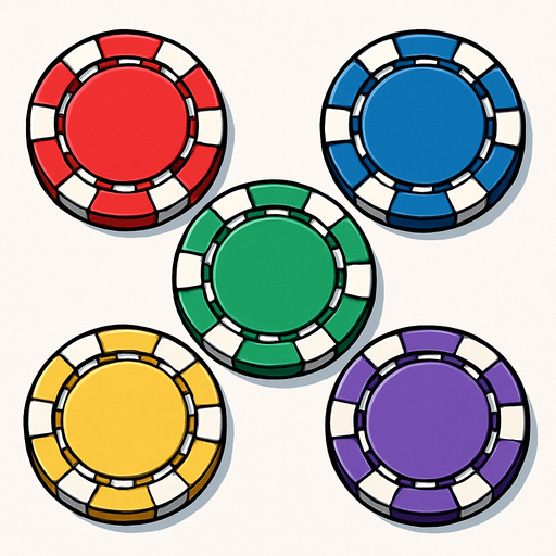 A set of five different colored poker chips seen from directly overhead. Anime style..
In-Game asset.  2d.  High contrast.  No shadows