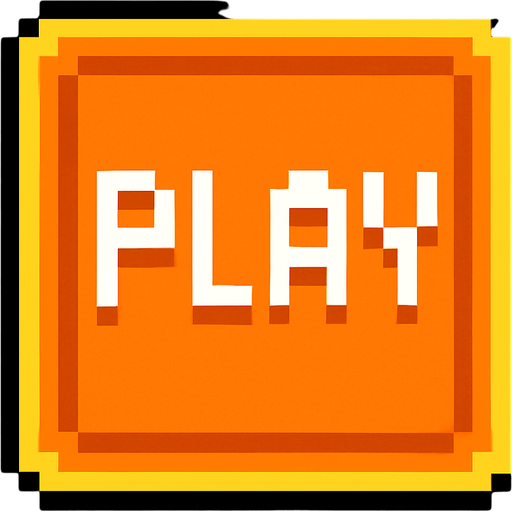un boton cuadrado hecho con pixeles que dice play.
In-Game asset.  2d.  High contrast.  No shadows