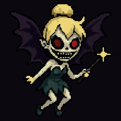 scary cute little fairy tinker bell 2d pixel art.
In-Game asset.  2d.  High contrast.  No shadows