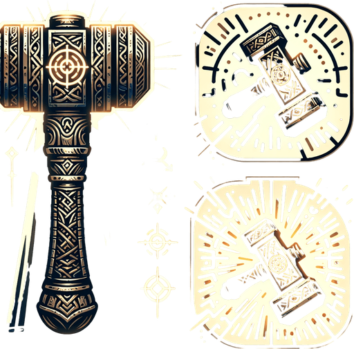 A glowing, ornate hammer imbued with power, or a weapon silhouette undergoing a visible transformation with radiating light and complex runic patterns..
Single Game Texture.  In-Game asset.  2d.  Blank background.  High contrast.  No shadows