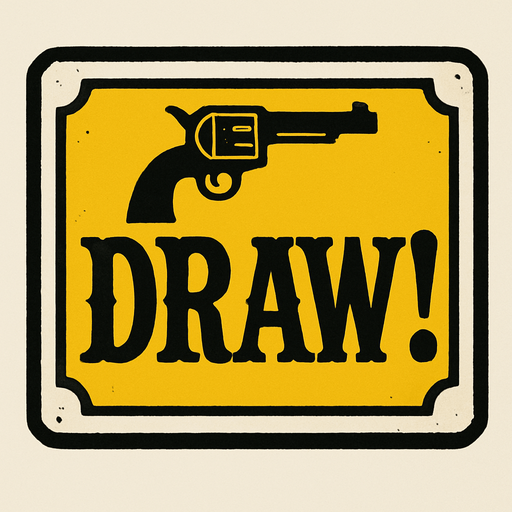 a western themed alert box that says DRAW! on it.
In-Game asset.  High contrast.  No shadows
