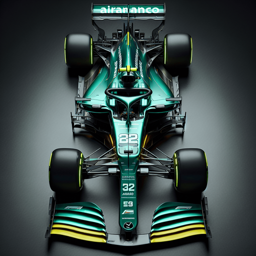 Photorealistic Aston Martin f1 race car, top view. 
Hex Codes: Color #229971	RGB 34,153,113 
Neon yellow arcs on body sides. 
White "Airamco" text on rear wing.