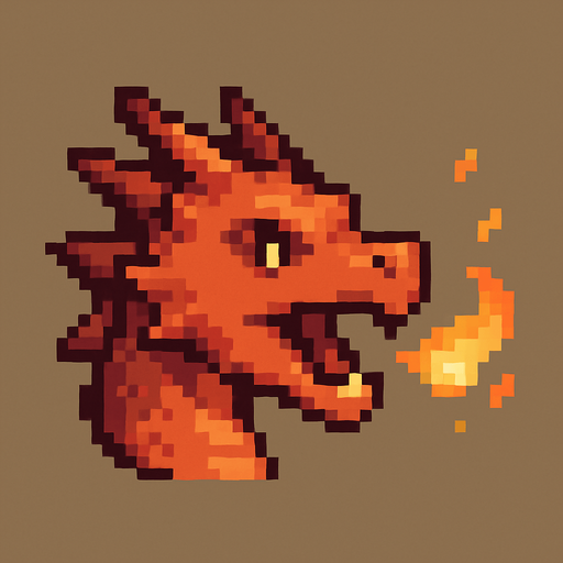 A small pixel art dragon head viewed from the side, mouth slightly open as if letting out a small roar. Glowing embers or a little flame is coming out of its mouth to symbolize that sound is on. The style is cute and retro, matching a fantasy-themed 2D game UI icon..
In-Game asset.  2d.  High contrast.  No shadows. pixel art. side view. cute. fantasy. retro. flame. icon. dragon