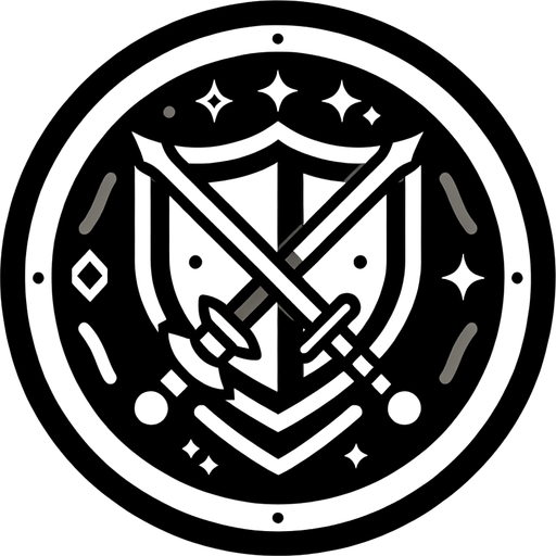 A round button with icons of a sword and bow crossed over a shield, hinting at weapon switching..
Game interface icon. Medieval theme with crossed weapons on a shield. High contrast and intuitive design.