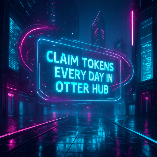 Create a dynamic 4K digital background for a cyberpunk mobile game interface. The scene shows a sleek, rain-drenched urban plaza with neon-lit walkways and towering digital screens. One large holographic banner reads ‘Claim tokens every day in Otter Hub’ in bold, glowing lettering. Surround it with animated light trails, drifting data particles, and subtle reflections in wet pavement. In the distance, angular skyscrapers pulse with magenta and cyan accents against a misty night sky. This image should serve as an eye-catching game menu backdrop—no characters or coins visible..
High contrast.  No shadows