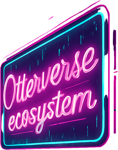 Create a rain-drenched neon alleyway with steam vents, flickering holoboards, and damp metal grates. One giant animated billboard reads ‘Otterverse ecosystem’ in glowing script. Include scattered cables, occasional sparks, and puddles that mirror the vibrant magenta and teal lights—character-free and coin-free..
In-Game asset.  2d.  High contrast.  No shadows