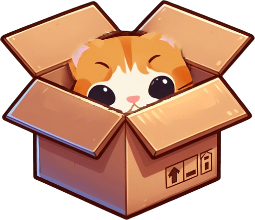 Cute Chibi ginger cat's head and ears look from the box into the camera. Cheeky, happy.