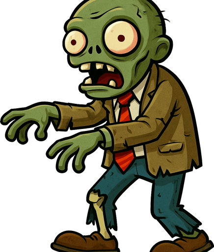 Zombie de piel verdosa y pálida, con una cabeza ovalada y dos grandes ojos saltones con pupilas pequeñas y rojizas. Su boca está abierta, mostrando dientes irregulares. Viste un traje de negocios marrón claro, una camisa blanca y una corbata roja a rayas, todo rasgado y sucio. Sus pantalones azules están hechos jirones, dejando ver una pierna esquelética, y calza zapatos marrones desgastados. Sus brazos están extendidos ligeramente hacia adelante.
In-Game asset.  2d.  High contrast.  No shadows