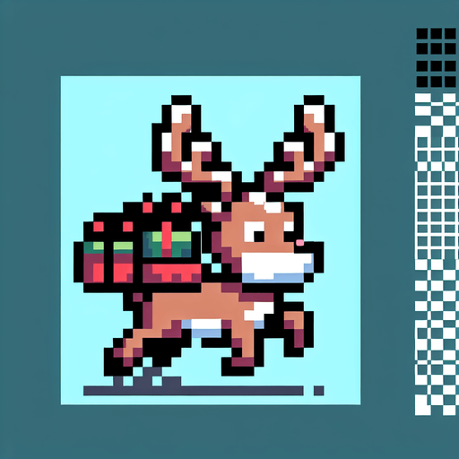 8 bit. raindeer bringing x-mas pressents. in game asset. Single Game Texture. In-Game asset. 2d. Blank background. High contrast. No shadows.