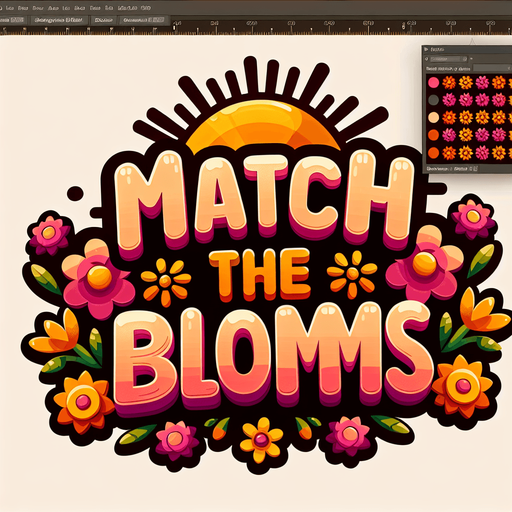 Create an SVG text design for "Match the blooms" in bold cartoon style with chunky rounded letters. Add sun rays and small flower details in warm, vibrant colors.​​​​​​​​​​​​​​​​.
Single Game Texture. In-Game asset. 2d. Blank background. High contrast. No shadows.