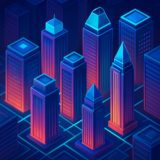 Pack top square of towers facing the screen to use it as a grid. future. seen from above. HD colors.