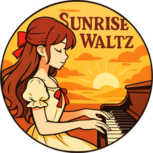 Round shape of anime style song cover with the themed Sunrise Waltz.
In-Game asset.  2d.  High contrast.  No shadows