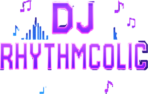 A bold and stylish pixel art logo text for the game title “DJ RHYTHMCOLIC” designed for a lo-fi rhythm pixel art game. The text is large, vibrant purple with neon glow effects, featuring a retro pixel font that looks futuristic and energetic. Behind the text, subtle pixelated neon sound waves and small music notes float gently in purple and blue hues, blending with a cozy DJ studio atmosphere. The background is transparent or very dark to highlight the glowing title. The style matches a dreamy, neon-lit nighttime vibe with pixel-perfect detail..
In-Game asset.  2d.  High contrast.  No shadows