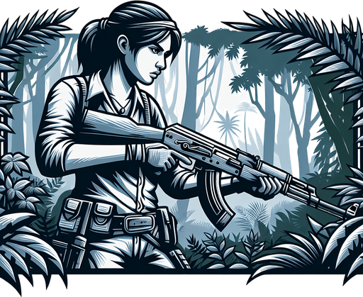 jungle soldier stand shoot the target right direction.
Single Game Texture.  In-Game asset.  2d.  Blank background.  High contrast.  No shadows