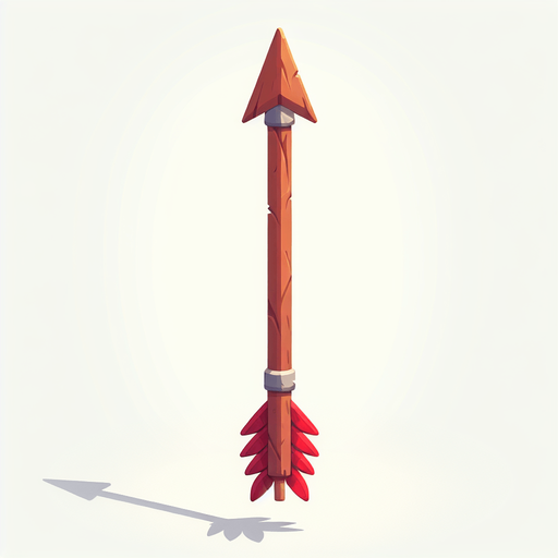 a wooden arrow with red feathers and a metal arrow head. Completely vertical orientation. Cartoon.
Single Game Texture.  In-Game asset.  2d.  Blank background.  High contrast.  No shadows