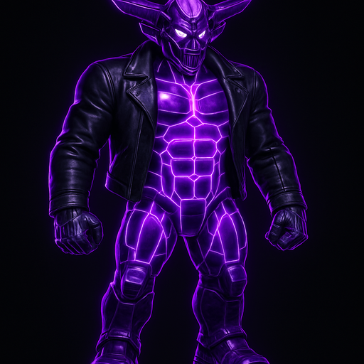 Black leather biker jacket longsleeves bare segmented neon cyberpunk pecs abs muscles robot monster hunk Neon cyberpunk 3d hologram corporate occult demon android mecha robot sentinel guard soldier machine monster fully in frame no part cut off no background anime futuristic Background removed, "Full-body character, entirely in frame, no cropping of face, head, or feet" "Complete character visible, from head to toe, fully centered in the image" "Entire character, including face and boots, fully within the frame" Character fully contained within a square frame, no edges cut off  horns through boots