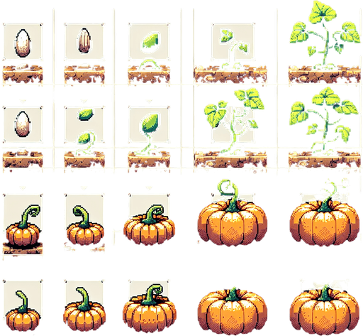 A spritesheet showing a pumpkin plant in various stages of germantion, from seed over sapling and to full grown plant with ripe pumpkin. The sprites should be laid out in a rectangular grid with blank space between them..
Single Game Texture. In-Game asset. 2d. Blank background. High contrast. No shadows.