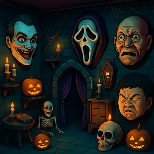 3D Scary room with many 3D decorations around, 3D scary masks of memes from movies around it.
In-Game asset.  3D.  High contrast.  No shadows. no jesus cross. no star of 6. no start of 5. no devil. HD colors