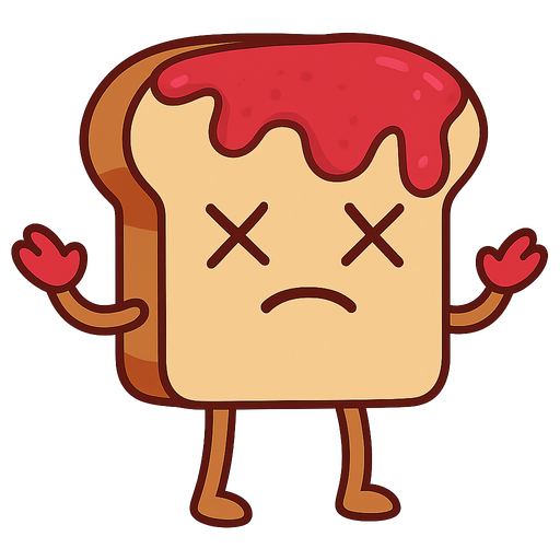 Bread with feet and hands with jam on top and it's dead. No background. Transparent background. Blank background. No shadows. 2d. In-Game asset. flat