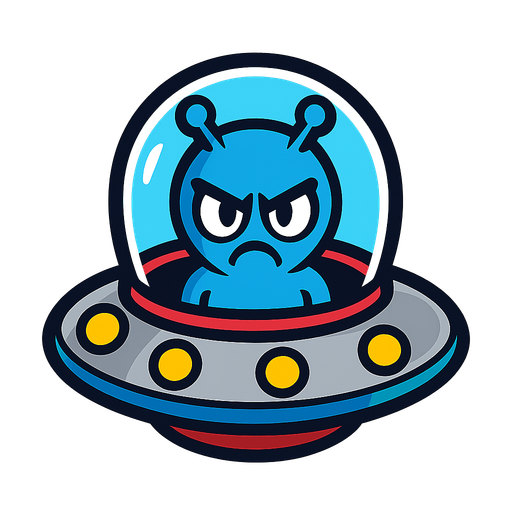 Blue alien in a UFO, he’s mad and his body is inside the ufo.
In-Game asset.  2d.  High contrast.  No shadows