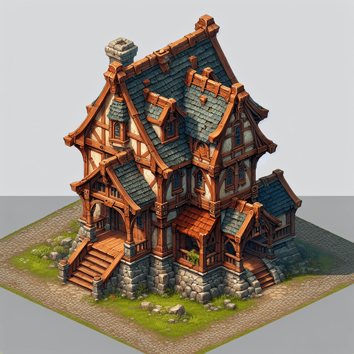 A home in a RTS and fantasy style.
Single Game Texture. In-Game asset. 2d. Blank background. High contrast. No shadows.