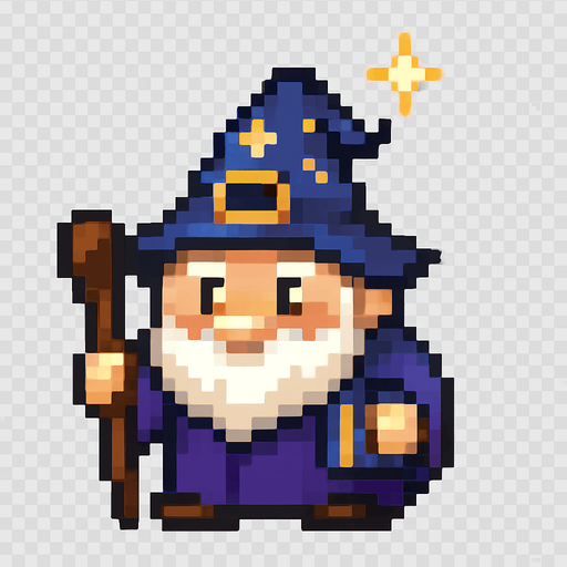 El mago debe ser un personaje pequeño y encantador, con una túnica azul oscuro o morada, un sombrero puntiagudo con estrellas o una hebilla dorada, barba blanca corta y ojos brillantes que transmitan sabiduría y simpatía; su cuerpo debe ser compacto y redondeado, estilo caricatura o pixel art, con detalles sencillos pero reconocibles como un bastón en la mano o un libro colgando; puede tener una animación sutil como parpadeo, movimiento de barba o chispa mágica en la punta del sombrero, y el fondo debe ser transparente para integrarse bien en un entorno colorido y fantástico.
In-Game asset.  2d.  High contrast.  No shadows