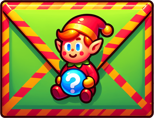 a cartoon envelope with an toy elf on it holding a questionmark.
Single Game Texture. In-Game asset. 2d. Blank background. High contrast. No shadows.