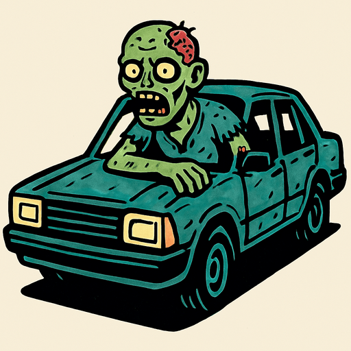 Crea un zombie con un coche.
In-Game asset.  2d.  High contrast.  No shadows