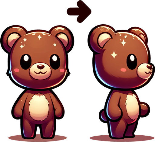 A cute brown teddy bear from his right profile, standing, looking to the right direction and smiling with his hands in front of him. Feeric style. No background. No shadows. No back light. High contrast. Single Game Texture. In-Game asset. 2d.