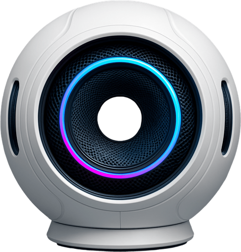 Futuristic speaker in the shape of a white orb. Face view
