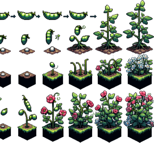 A spritesheet showing a pea plant in various stages of germantion, from pea over sapling and to full grown plant with colorful flowers, and then with ripe pea pods. The sprites should be laid out in a rectangular grid with blank space between them..
Single Game Texture. In-Game asset. 2d. Blank background. High contrast. No shadows.