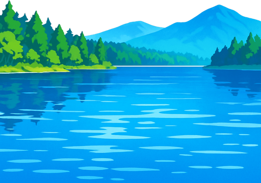 gambar anime tentang danau yang luas di pagi hari. di kejauhan hutan dan pegunungan serta langit cerah.
In-Game asset.  2d.  High contrast.  No shadows