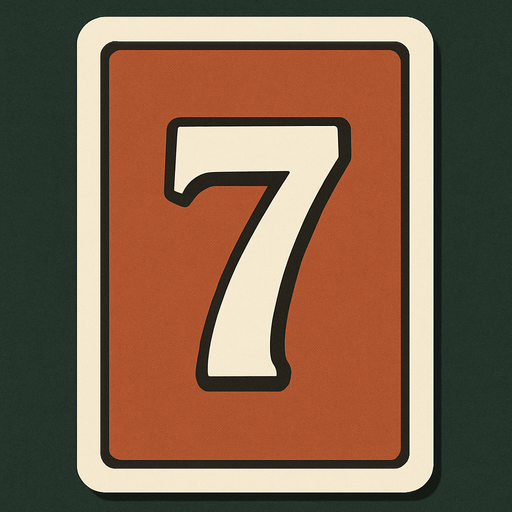 Rectangular card numbered 7, with a white border around it and a terracotta background..
In-Game asset.  2d.  High contrast.  No shadows